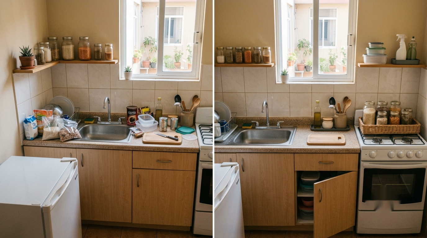 Cocina pequeña antes y después de ordenar por zonas