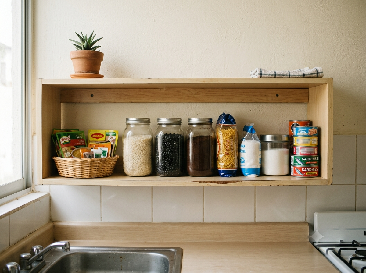 Comida seca organizada en una cocina pequeña sin alacena