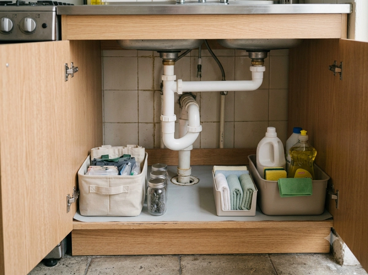 Tubería visible y accesible dentro de un mueble bajo tarja organizado