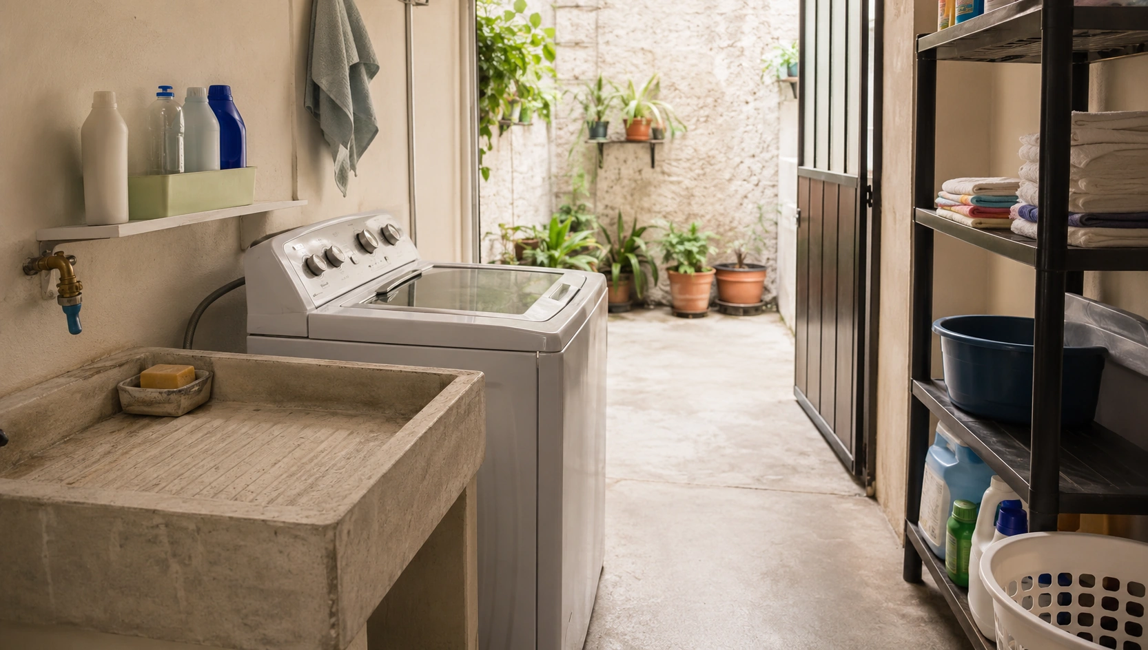 Lavandería pequeña en patio organizada con zona de lavado y paso libre
