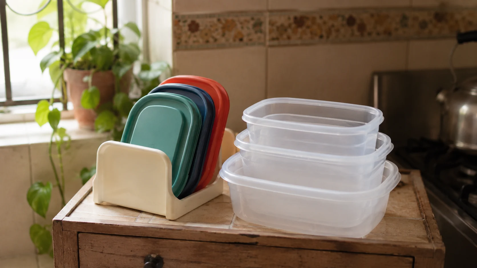 Tapas de tuppers organizadas por tamaño en una cocina pequeña